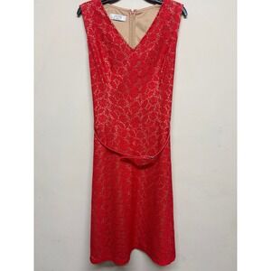Kasper Red Lace Sheath Dress Est Women's Medium Cocktail Formal Belted Classic